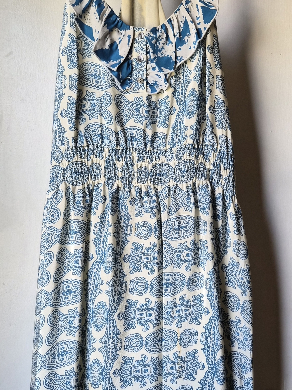 Blue & White Ruffled Neck Sundress - Medium